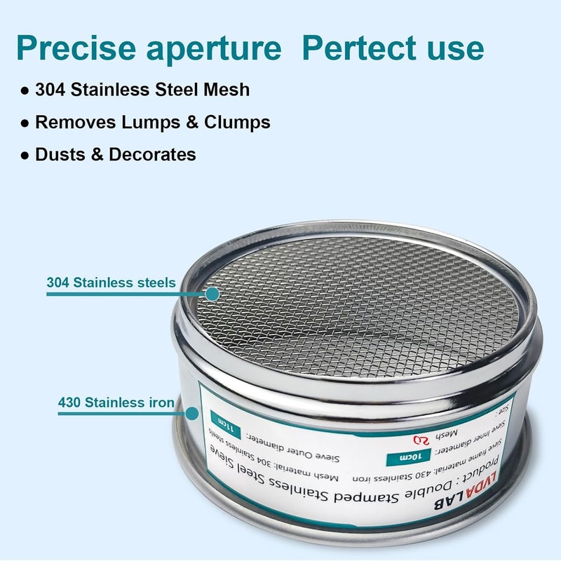 LVDALAB 304 Stainless Steel Mesh Lab Sieve, 20 Mesh (0.9mm) Aperture Test Sieve, 4inch(10cm) Economy Standard Analysis Sample Test Sieves for Industrial Laboratory Homes - Image 3